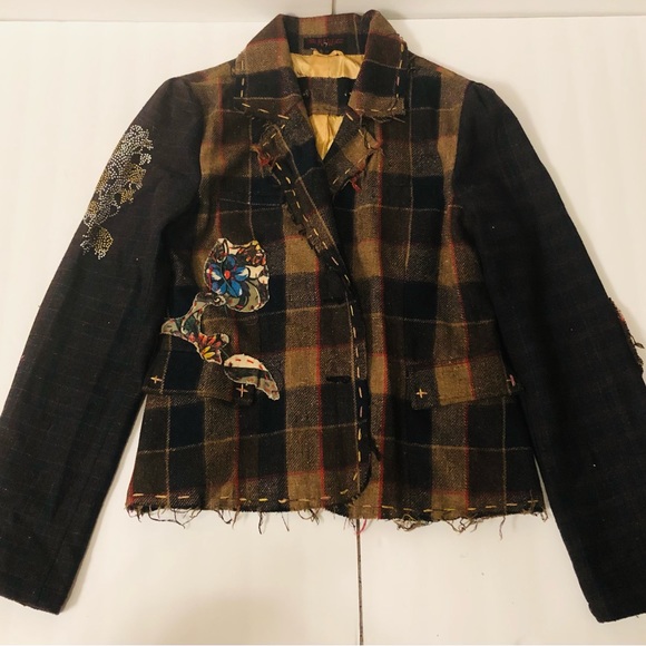 Raw7 Lorelai Gilmore Plaid Skull Rhinestone Wool Tweed Patchwork Blazer Jacket - Picture 2 of 15